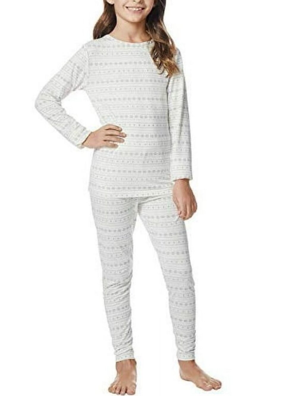 32 Degrees Heat Kids Base Layer Set Medium M 8/10 White Gray Fair Isle Thermals